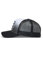 Alpinestars Gravel Trucker-Mütze, schwarz-weiße Trucker-Kappe mit Mesh-Rückseite, gebogenem Schirm und vorderem Kieselstruktur-Druck, Sportswear.