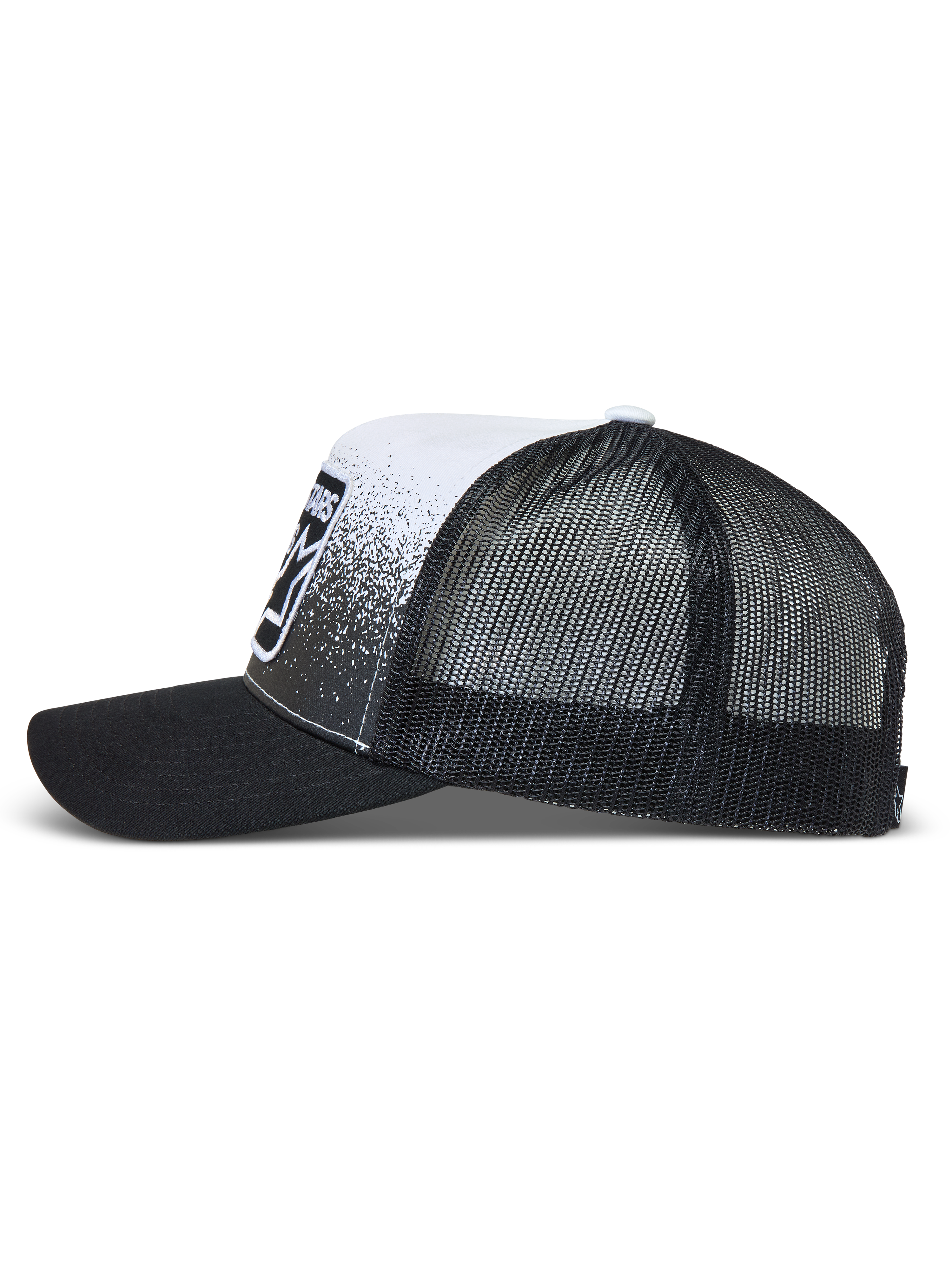 Alpinestars Gravel Trucker-Mütze, schwarz-weiße Trucker-Kappe mit Mesh-Rückseite, gebogenem Schirm und vorderem Kieselstruktur-Druck, Sportswear.