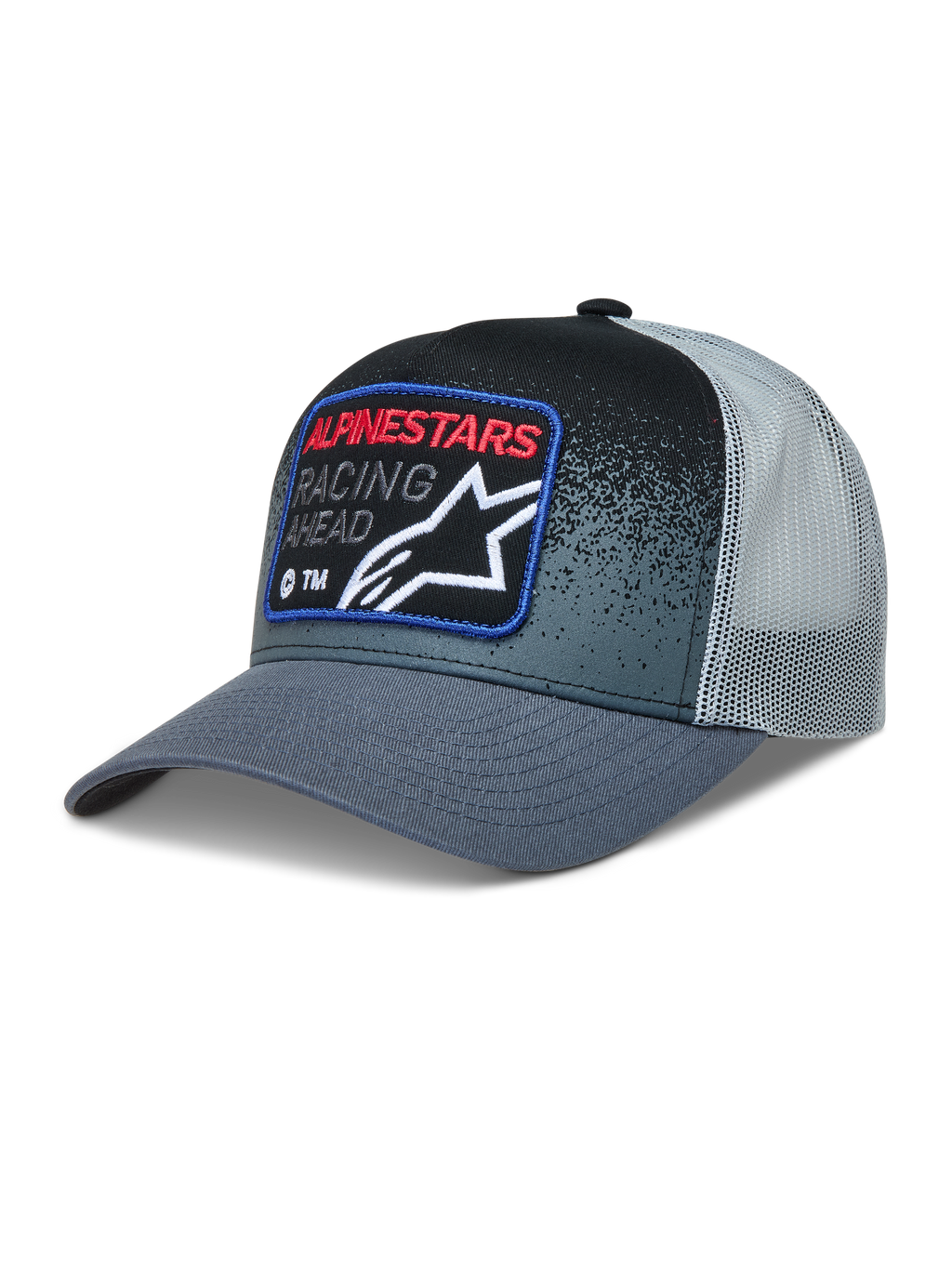 Alpinestars Gravel Trucker-Mütze in Dunkelgrau und Schwarz mit Mesh-Rückseite, gebogenem Schirm und Racing-Patch.