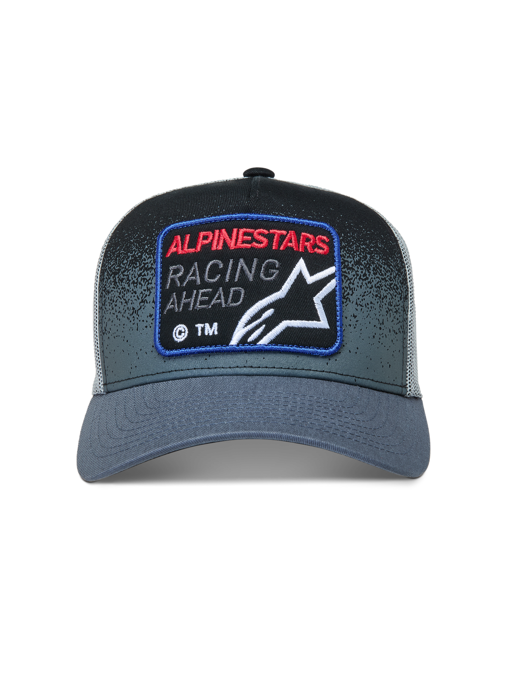 Alpinestars Gravel Trucker-Mütze, dunkelgraue und schwarze Sportswear-Kappe mit Mesh-Rückseite und Racing-Logo-Patch.