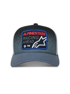 Alpinestars Gravel Trucker-Mütze, dunkelgraue und schwarze Sportswear-Kappe mit Mesh-Rückseite und Racing-Logo-Patch.