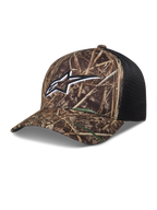 Alpinestars Thicket Realtree Trucker-Mütze, Camo und Schwarz, mit besticktem Astars-Logo, gebogenem Schirm und Mesh-Rückseite.