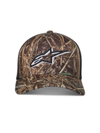 Alpinestars Thicket Realtree Trucker-Mütze in Camouflage und Schwarz mit weiß besticktem Astars-Logo und Mesh-Rückseite.