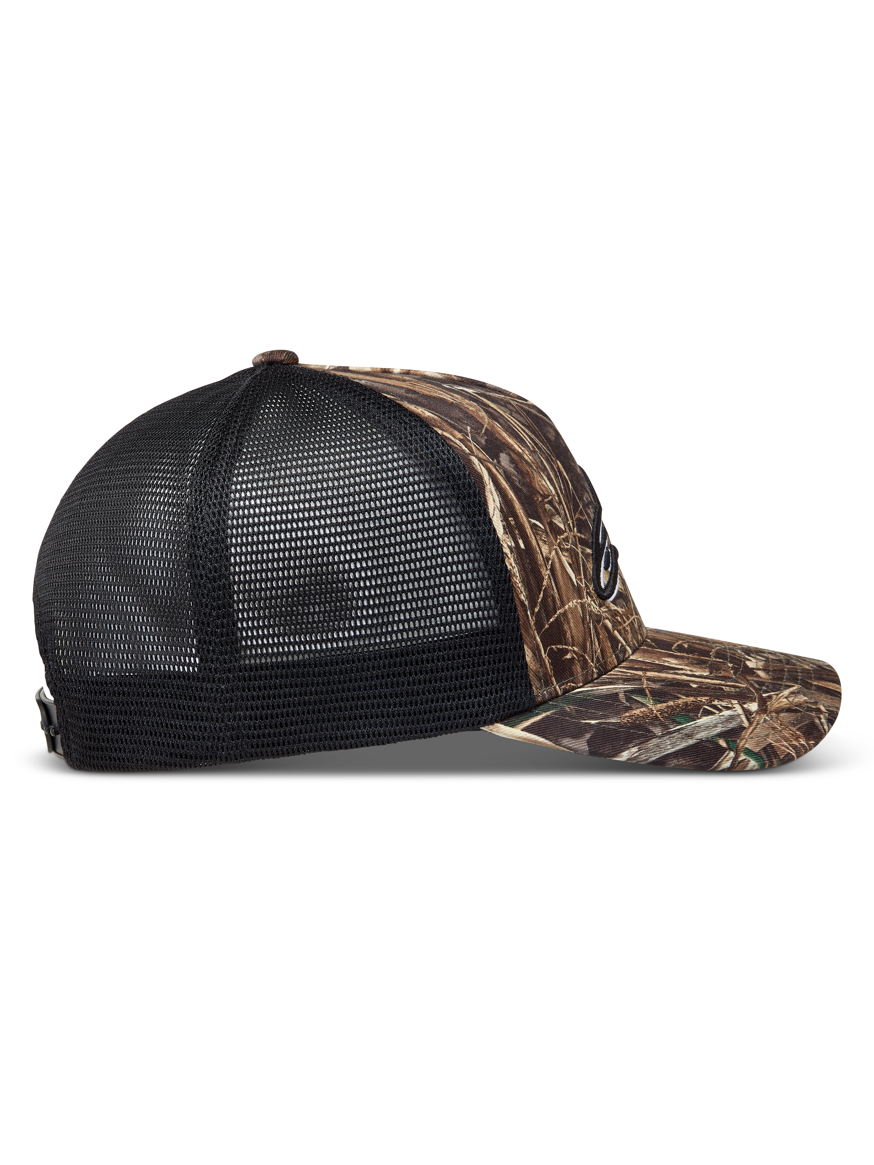 Alpinestars Thicket Realtree Trucker-Mütze, Tarnmuster und Schwarz, Seitenansicht mit gebogenem Schirm und Mesh-Rückseite.