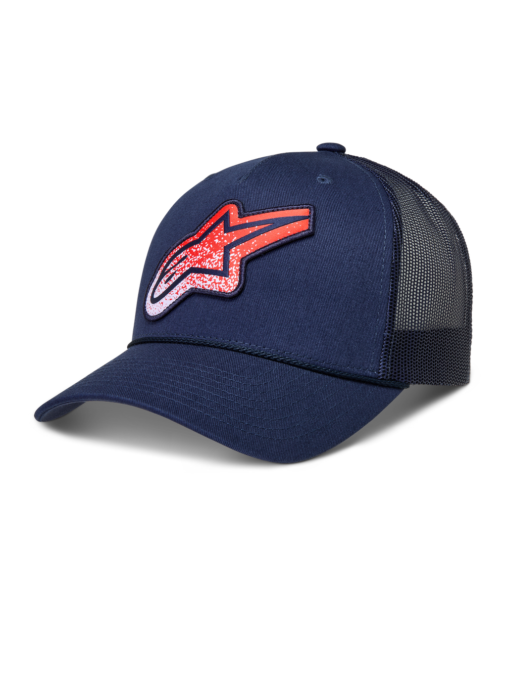 Alpinestars Meteorite Trucker-Kappe, Sportswear-Lifestyle-Cap, Navyblau und Rot, mit strukturierter Krone, gebogenem Schirm, atmungsaktiven Mesh-Rückeneinsätzen und einem strukturierten Astars-Logo-Patch.
