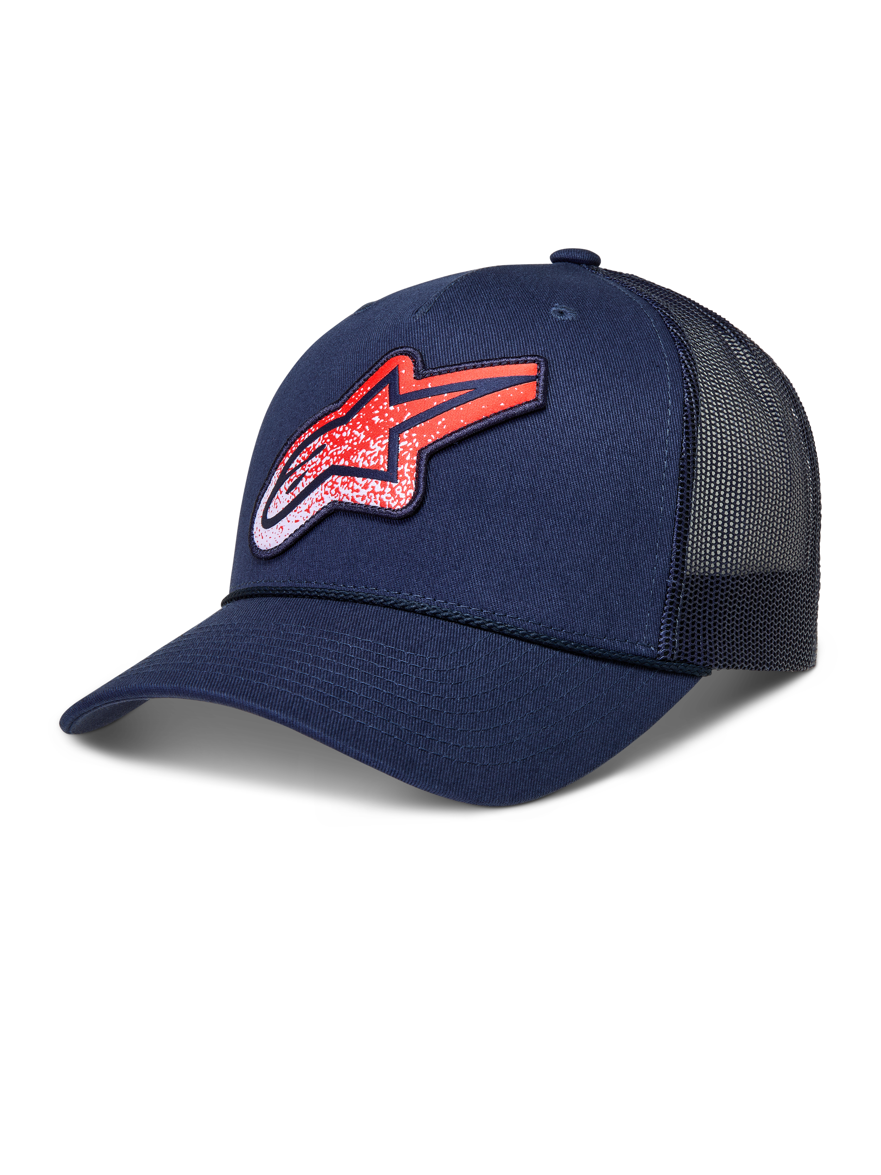 Alpinestars Meteorite Trucker-Kappe, Sportswear-Lifestyle-Cap, Navyblau und Rot, mit strukturierter Krone, gebogenem Schirm, atmungsaktiven Mesh-Rückeneinsätzen und einem strukturierten Astars-Logo-Patch.