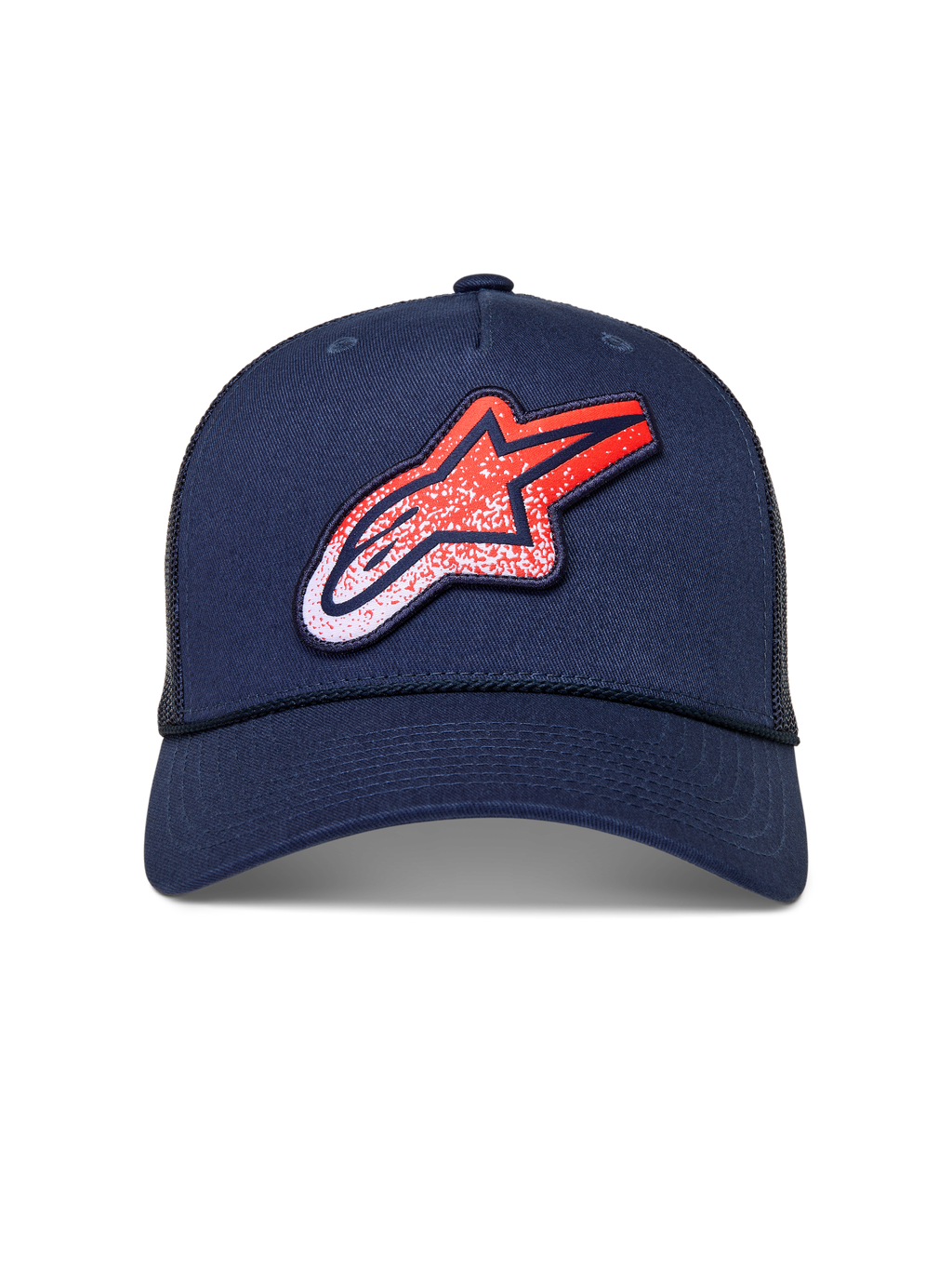 Alpinestars Meteorite Trucker-Mütze, dunkelblaue Mesh-Kappe mit gebogenem Schirm und rot-weißem Logo mit Kieselstruktur.