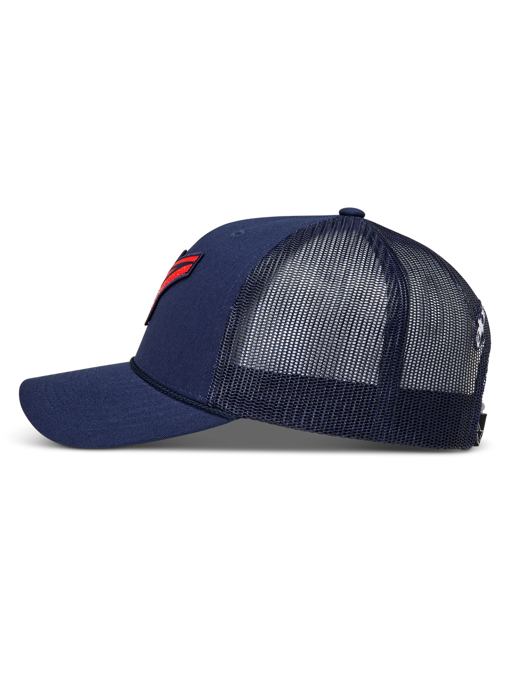 Alpinestars Meteorite Trucker-Mütze, navyblaue Kappe mit Mesh-Rückseite, gebogenem Schirm und rotem Logo-Patch.