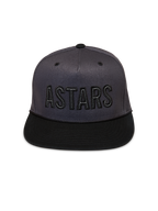 Alpinestars Stadium Snapback Hat, Dark Gray and Black Sportswear Cap with a structured crown, flat bill, and ASTARS logo.