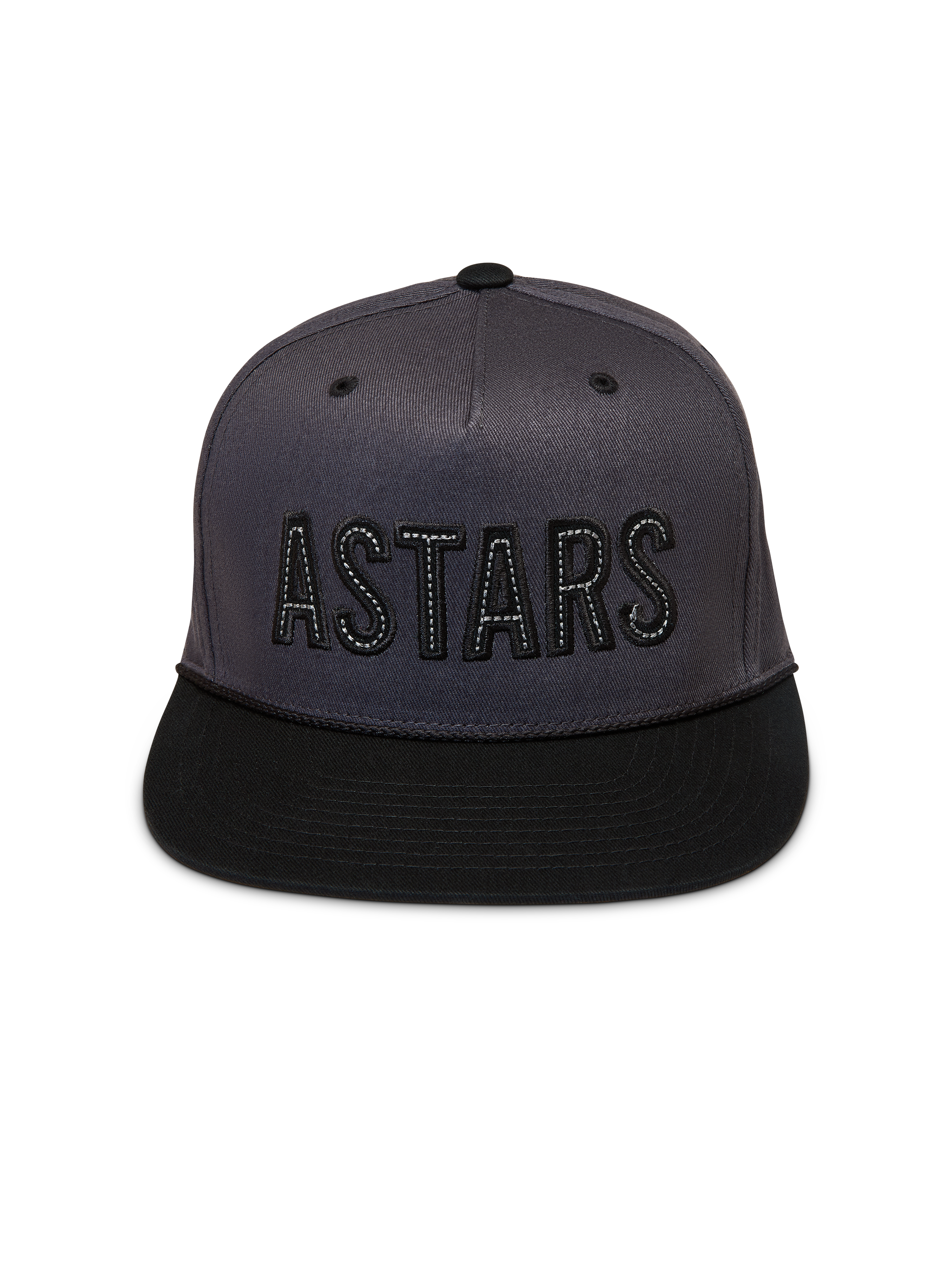 Alpinestars Stadium Snapback Hat, Dark Gray and Black Sportswear Cap with a structured crown, flat bill, and ASTARS logo.