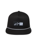 Alpinestars Label Snapback Hat, Black Twill Sportswear Cap with Flat Bill, White Braided Rope, and Woven Astars Logo.