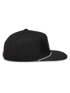 Alpinestars Label Snapback Hat, Black Sportswear Cap with Flat Bill, structured crown and white cord detail, side profile.