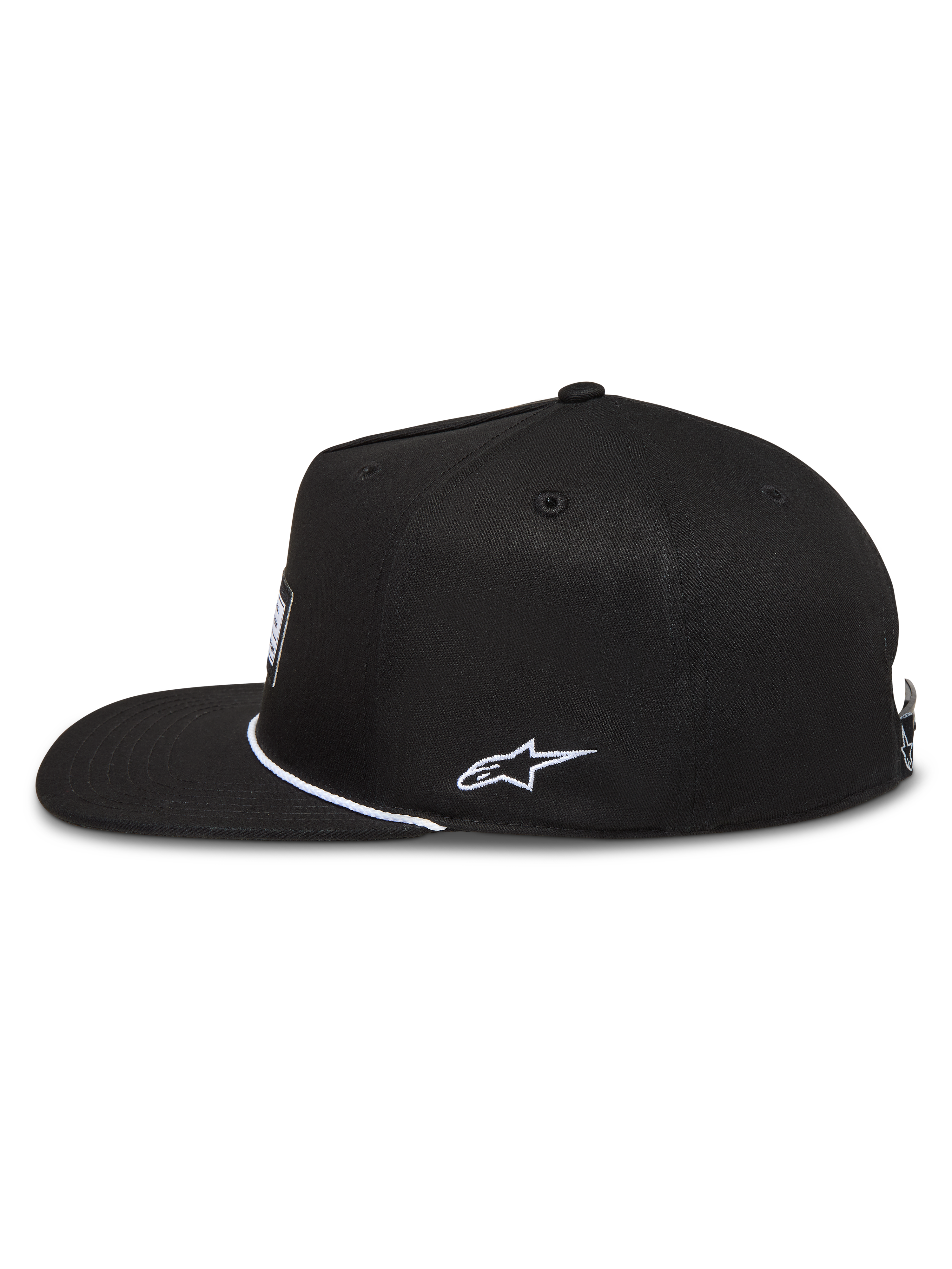 Alpinestars Label Snapback Hat, black twill flat bill sportswear cap with white side embroidery and front label.