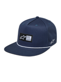 Alpinestars Label Snapback Kappe in Navyblau mit flachem Schirm, gewebtem Logo-Patch und weißem Kordeldetail.