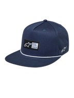 Alpinestars Label Snapback Kappe in Navyblau mit flachem Schirm, gewebtem Logo-Patch und weißem Kordeldetail.