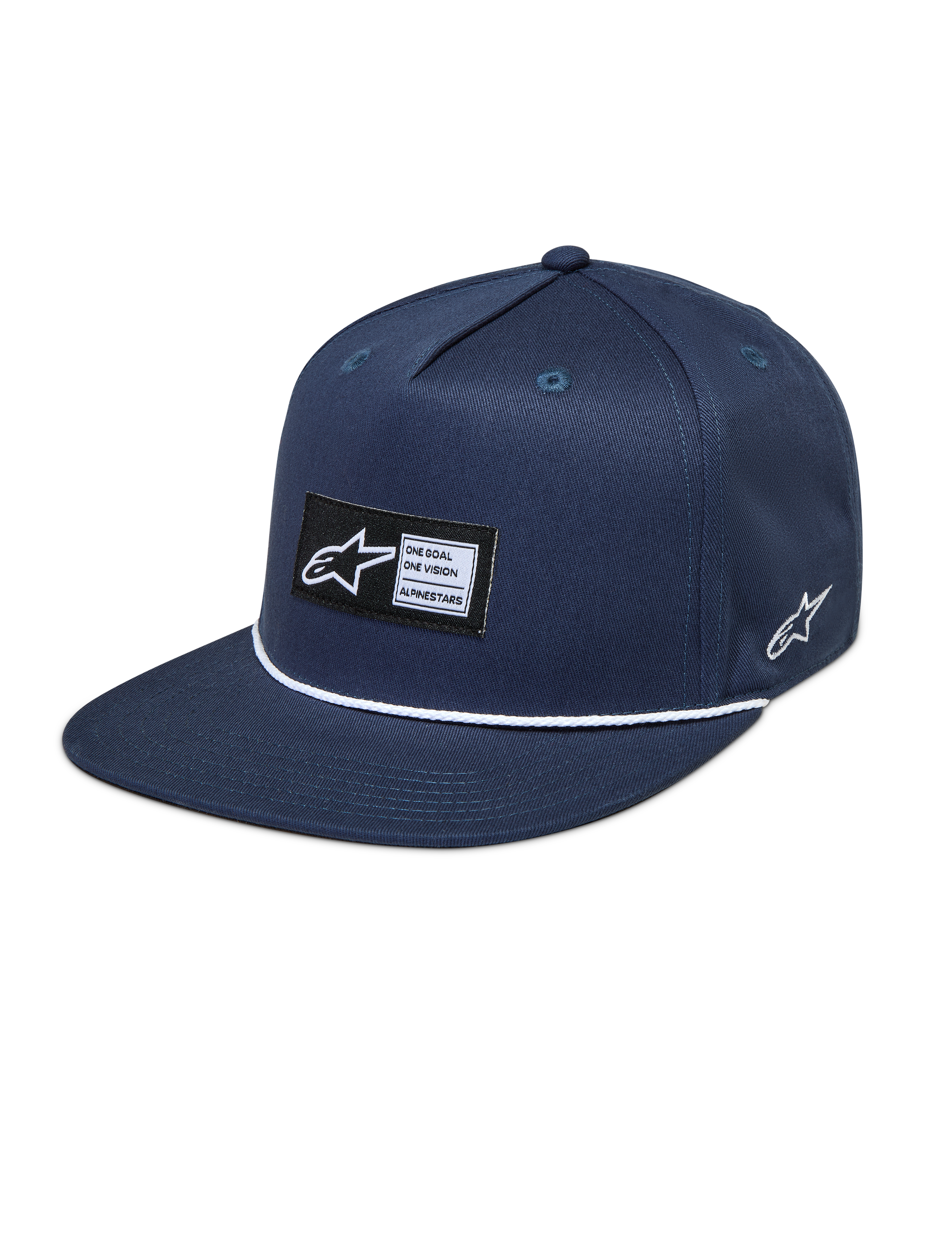 Alpinestars Label Snapback Kappe in Navyblau mit flachem Schirm, gewebtem Logo-Patch und weißem Kordeldetail.