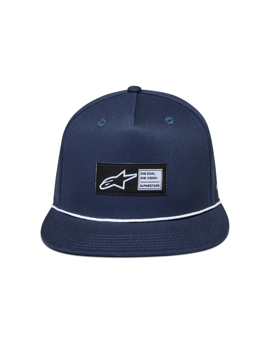 Alpinestars Label Snapback Kappe, flacher Schirm, Blau und Weiß, Twill-Gewebe mit Kordeldetail und gewebtem Logo-Aufnäher.