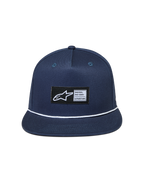 Alpinestars Label Snapback Kappe, flacher Schirm, Blau und Weiß, Twill-Gewebe mit Kordeldetail und gewebtem Logo-Aufnäher.