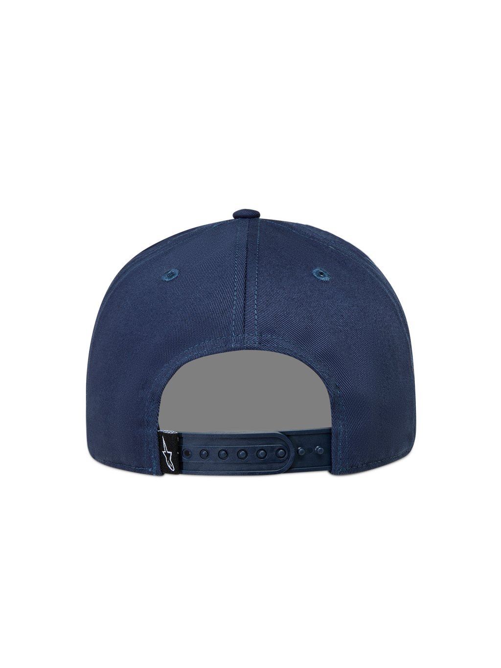 Alpinestars Label Snapback Kappe, marineblaue Sportswear-Kappe aus Twill, Rückansicht mit verstellbarem Snapback-Verschluss und gewebtem Logo-Etikett.