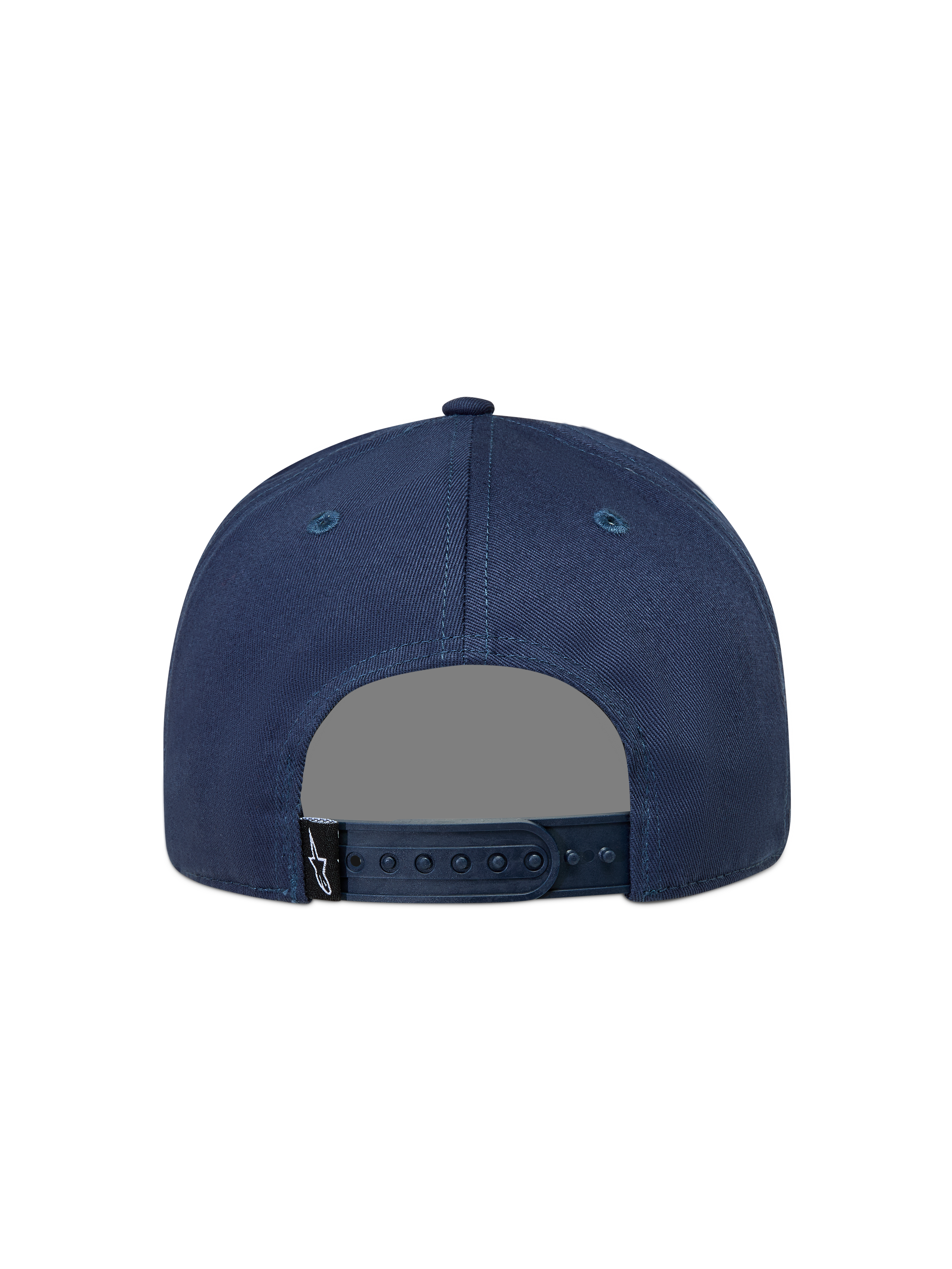 Alpinestars Label Snapback Kappe, marineblaue Sportswear-Kappe aus Twill, Rückansicht mit verstellbarem Snapback-Verschluss und gewebtem Logo-Etikett.