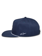 Alpinestars Label Snapback Kappe, dunkelblaue Sportswear-Kappe mit flachem Schirm und weißer Astars-Logo-Stickerei.