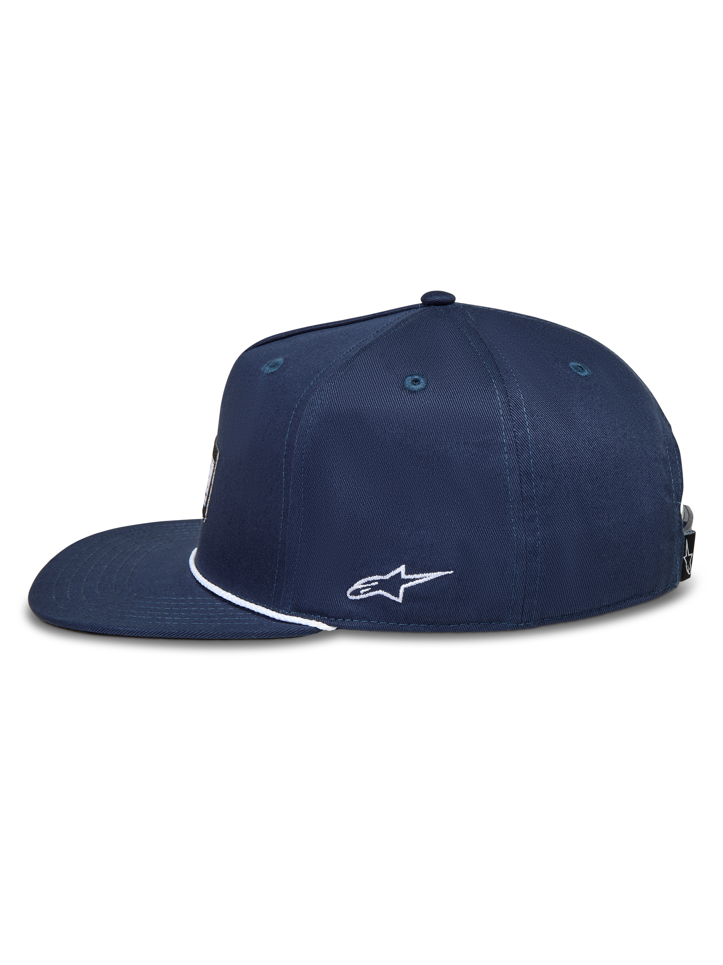 Alpinestars Label Snapback Kappe, dunkelblaue Sportswear-Kappe mit flachem Schirm und weißer Astars-Logo-Stickerei.