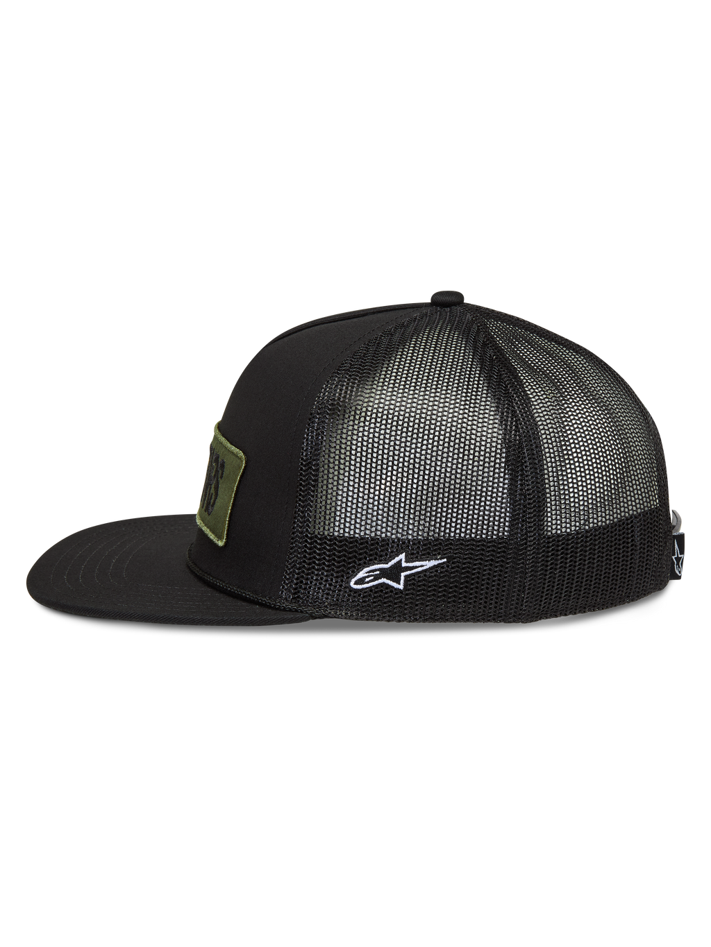 Alpinestars Ten Trucker Hat, black sportswear cap featuring a flat bill, mesh back, and white embroidered Astars side logo.