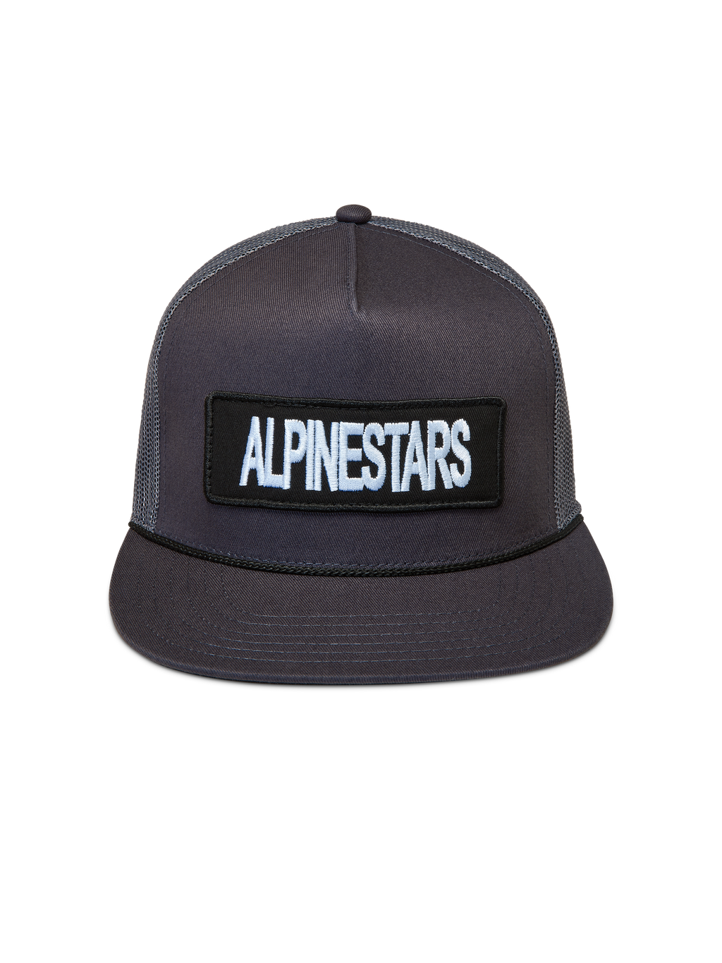 Alpinestars Ten Trucker-Mütze, dunkelgraue Sportswear-Kappe mit strukturierter Krone, flachem Schirm und Logo-Patch.