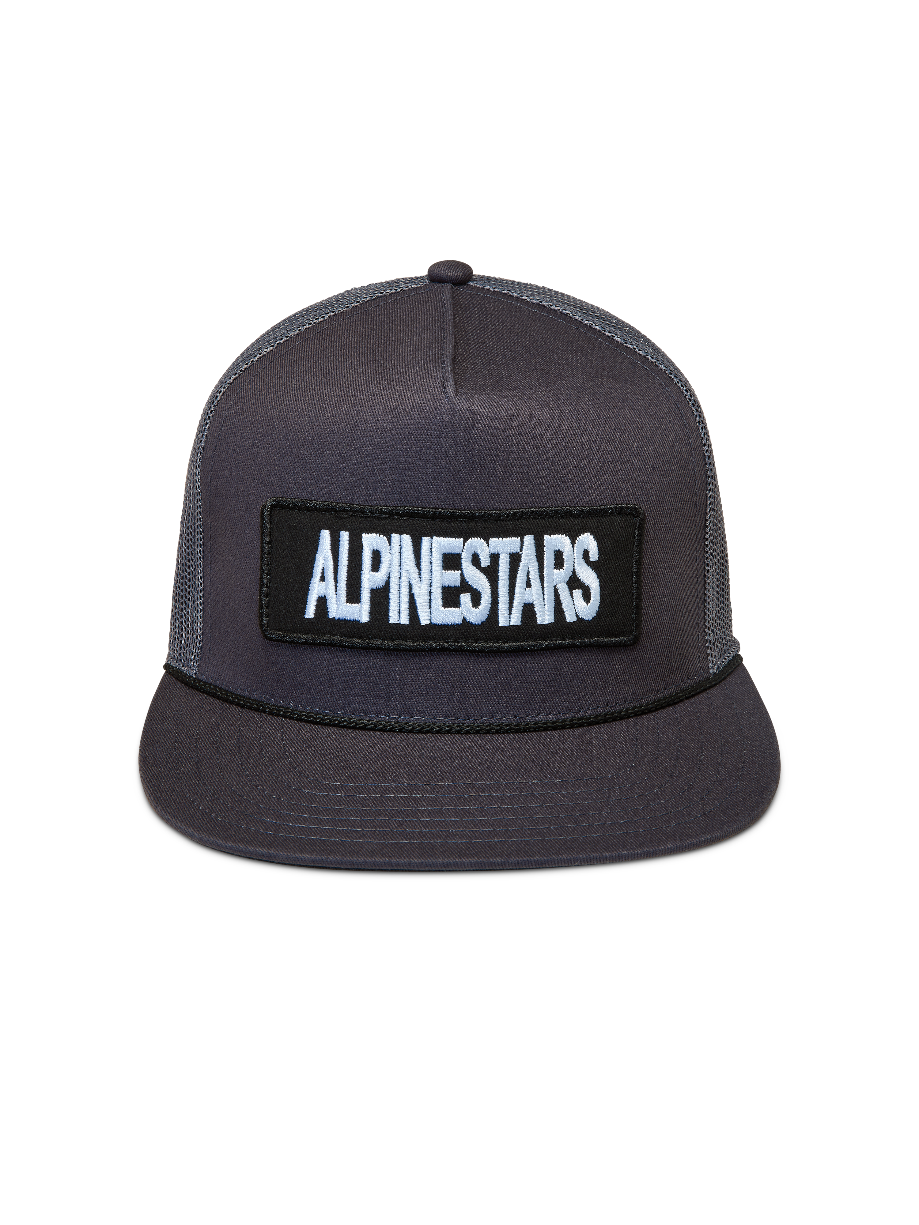Alpinestars Ten Trucker-Mütze, dunkelgraue Sportswear-Kappe mit strukturierter Krone, flachem Schirm und Logo-Patch.