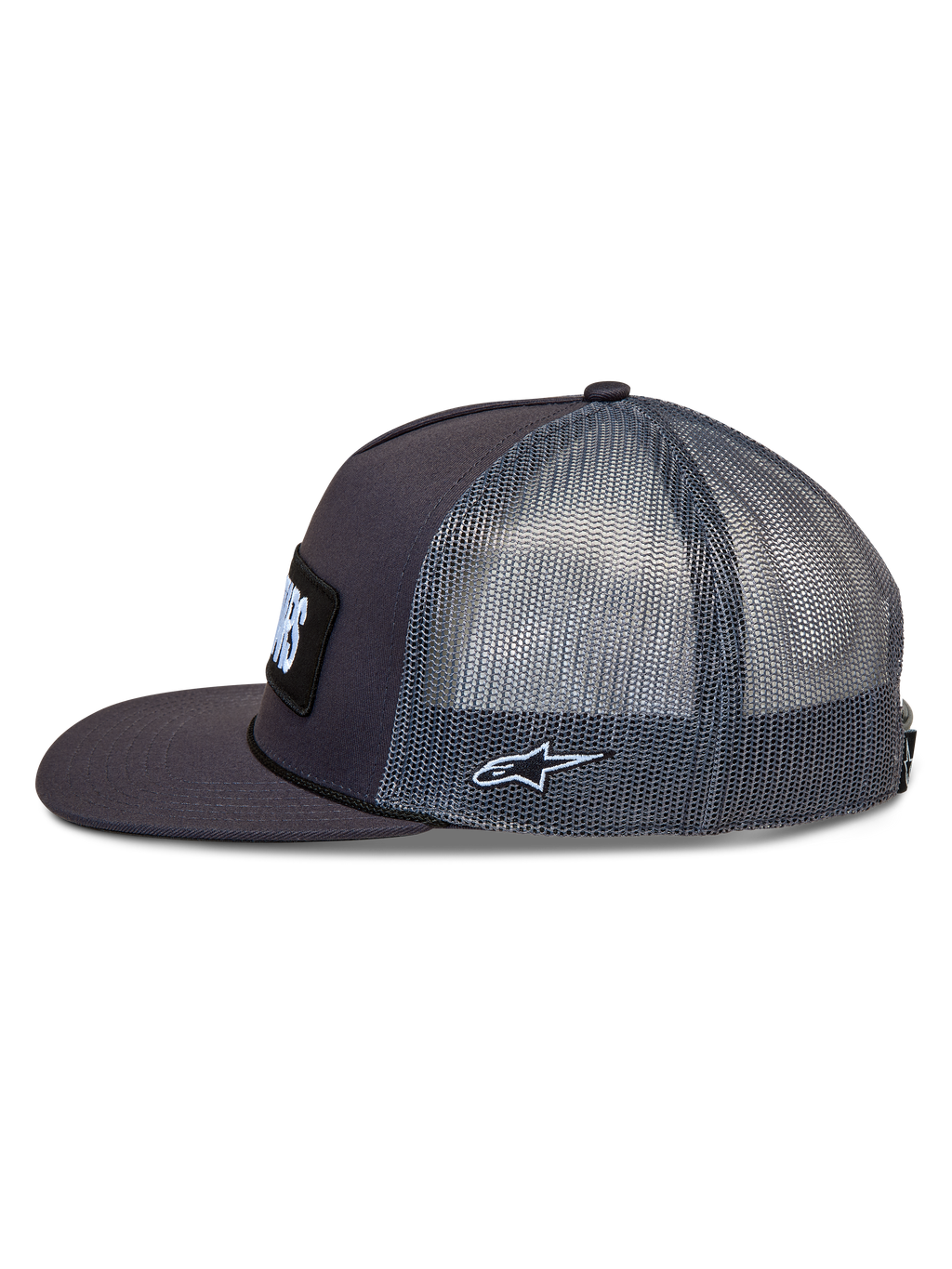 Alpinestars Ten Trucker-Mütze, dunkelgraue Sportswear-Kappe mit Mesh-Einsätzen, flachem Schirm und gesticktem Astars-Logo.
