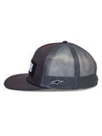 Alpinestars Ten Trucker-Mütze, dunkelgraue Sportswear-Kappe mit Mesh-Einsätzen, flachem Schirm und gesticktem Astars-Logo.