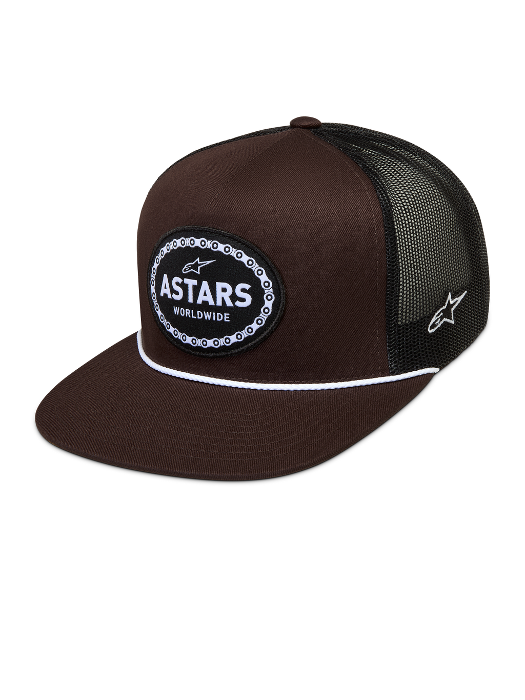 Alpinestars Hotlink Trucker-Mütze, braune und schwarze Sportswear-Kappe mit Mesh-Rückseite, flachem Schirm und gewebtem Astars-Logo-Patch mit Fahrradkettenrand.