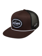 Alpinestars Hotlink Trucker-Mütze, braune und schwarze Sportswear-Kappe mit Mesh-Rückseite, flachem Schirm und gewebtem Astars-Logo-Patch mit Fahrradkettenrand.