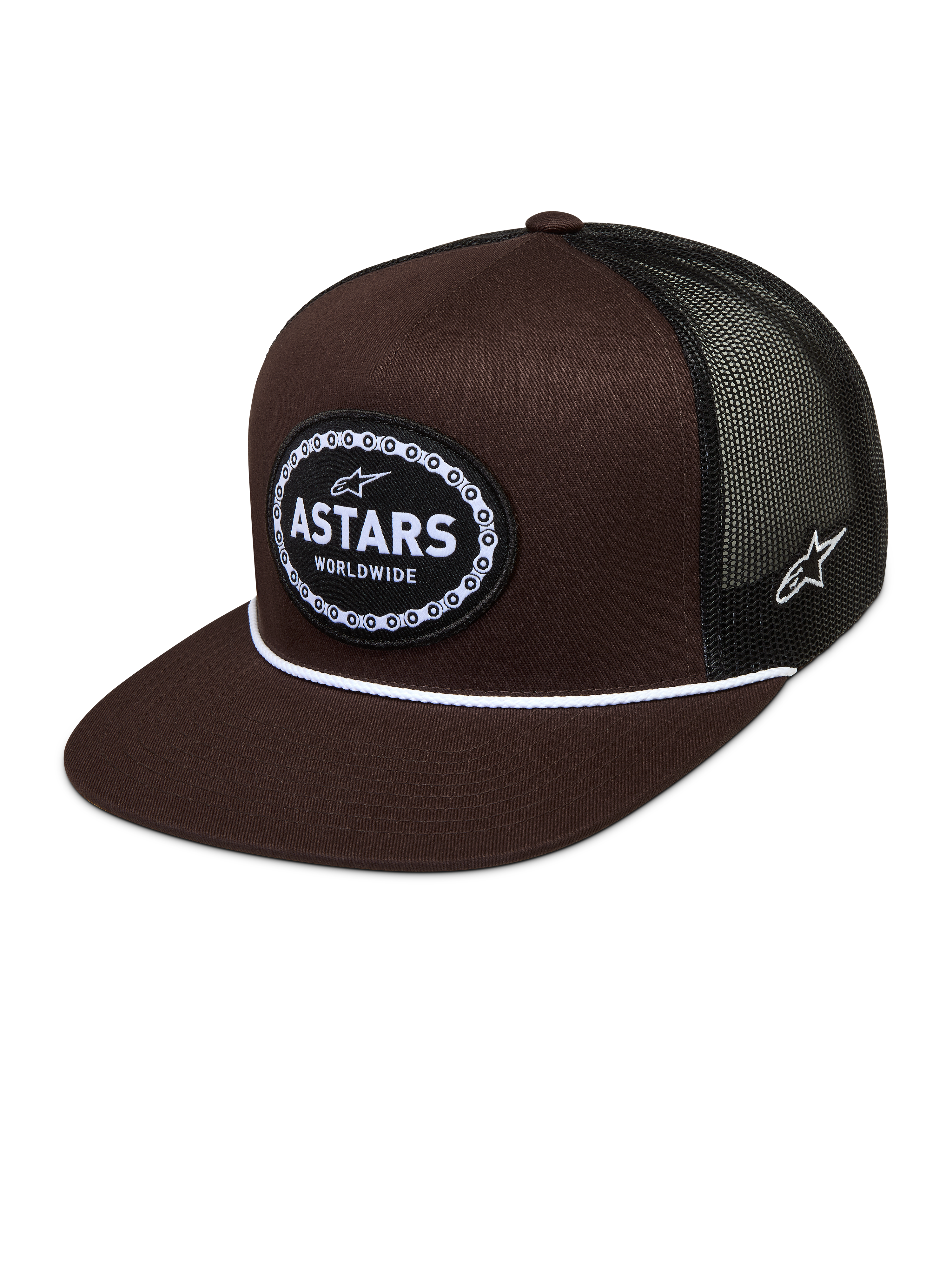 Alpinestars Hotlink Trucker-Mütze, braune und schwarze Sportswear-Kappe mit Mesh-Rückseite, flachem Schirm und gewebtem Astars-Logo-Patch mit Fahrradkettenrand.