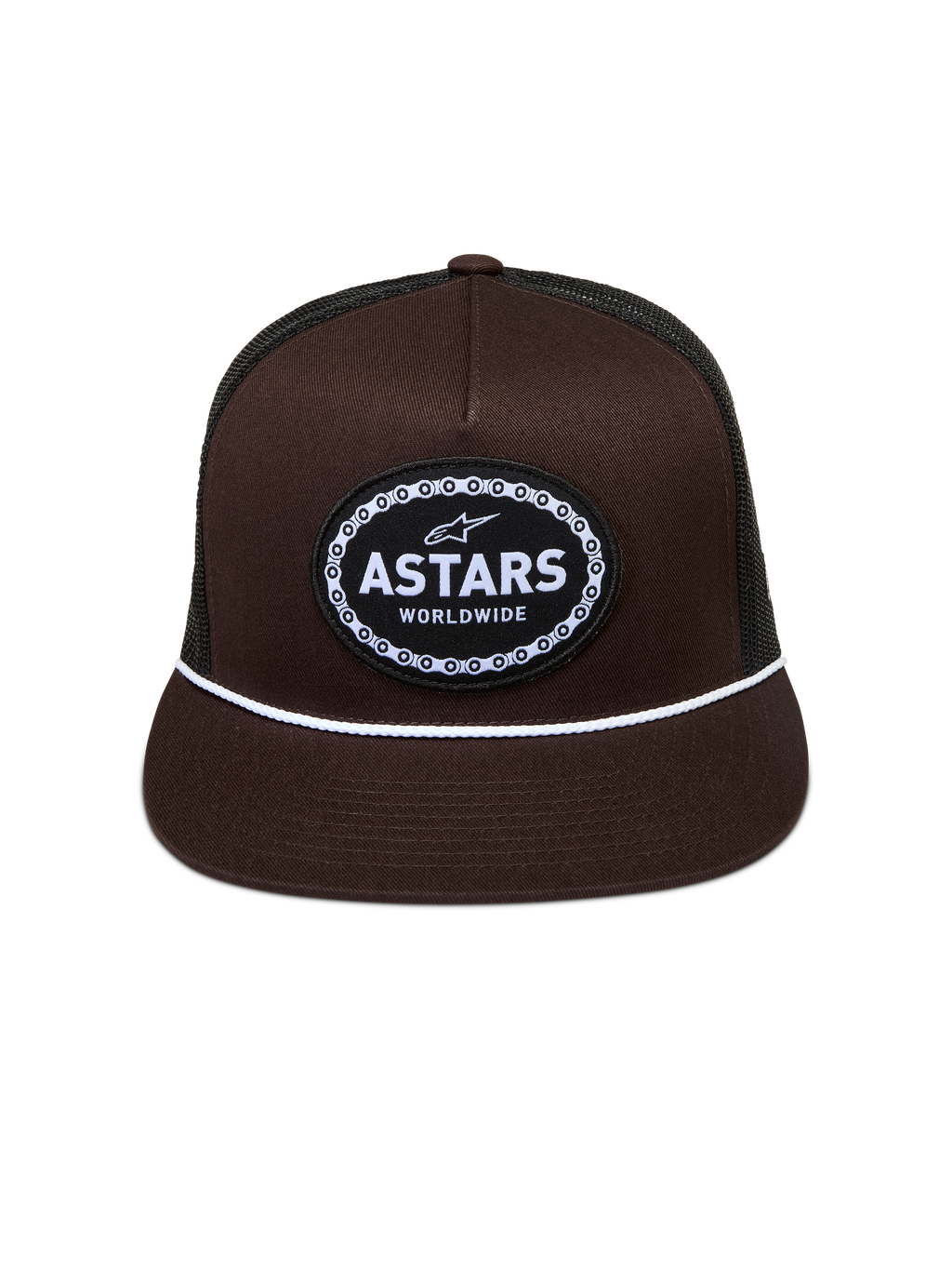 Alpinestars Hotlink Trucker-Mütze, braun und schwarz, flacher Schirm mit weißer Kordel und gewebtem Logo mit Fahrradkettenrand.