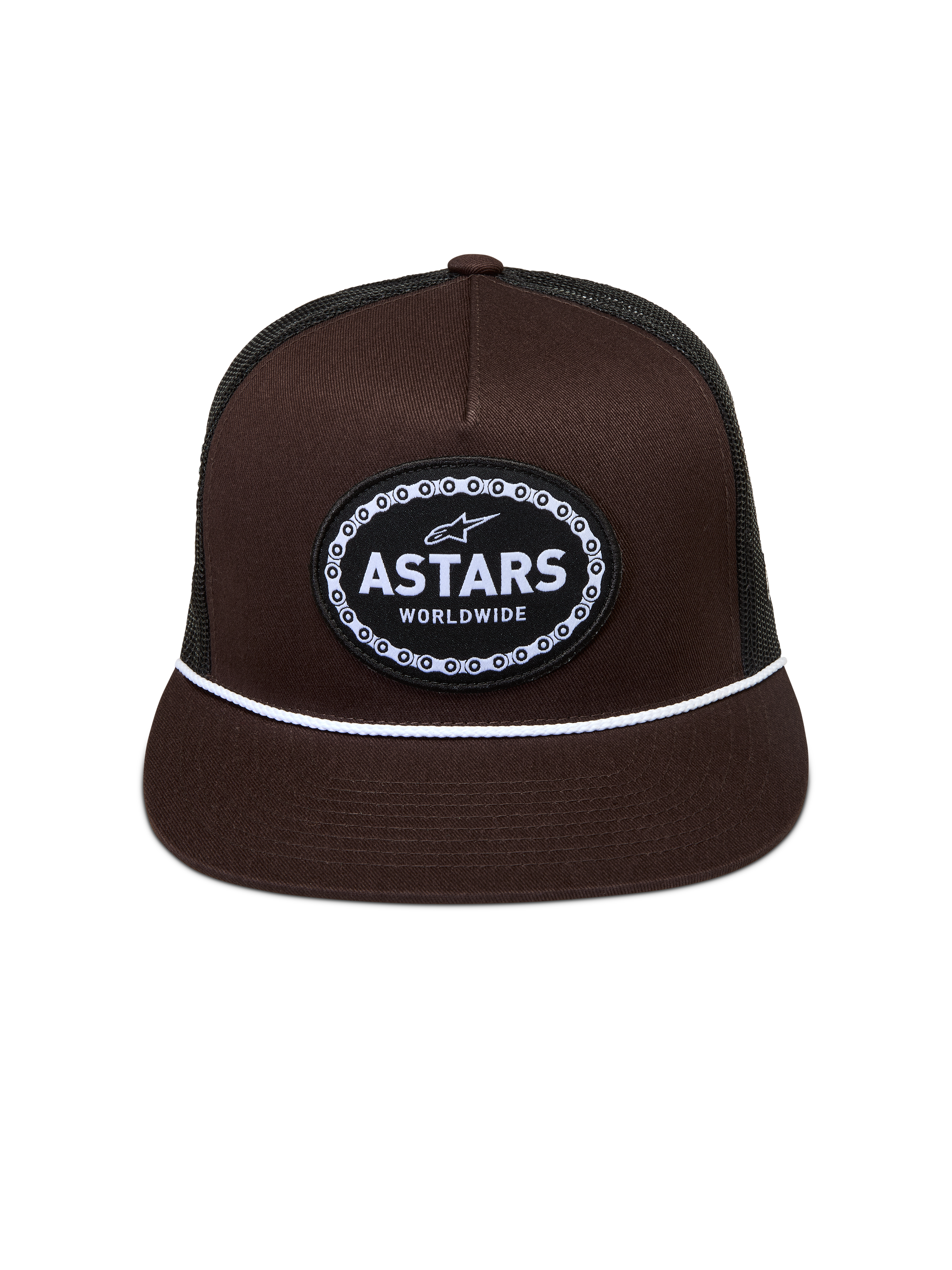 Alpinestars Hotlink Trucker-Mütze, braun und schwarz, flacher Schirm mit weißer Kordel und gewebtem Logo mit Fahrradkettenrand.