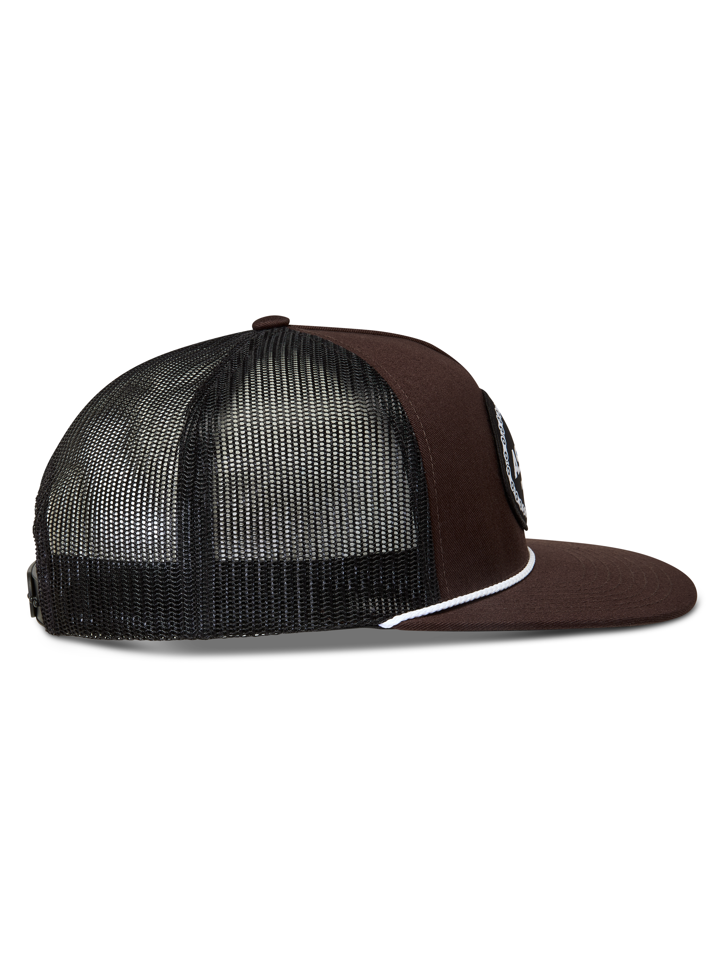 Alpinestars Hotlink Trucker-Mütze, braun-schwarze Sportswear-Kappe mit Mesh-Rückseite, flachem Schirm und weißer Kordel.