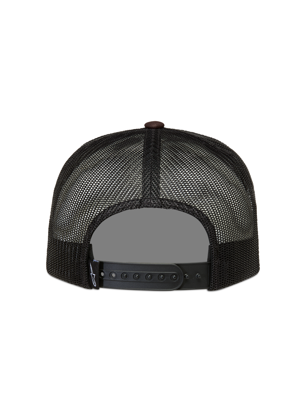 Alpinestars Hotlink Trucker-Mütze, Rückansicht einer schwarzen Sportswear-Kappe aus Mesh-Gewebe mit braunem Detail und verstellbarem Snapback-Verschluss.