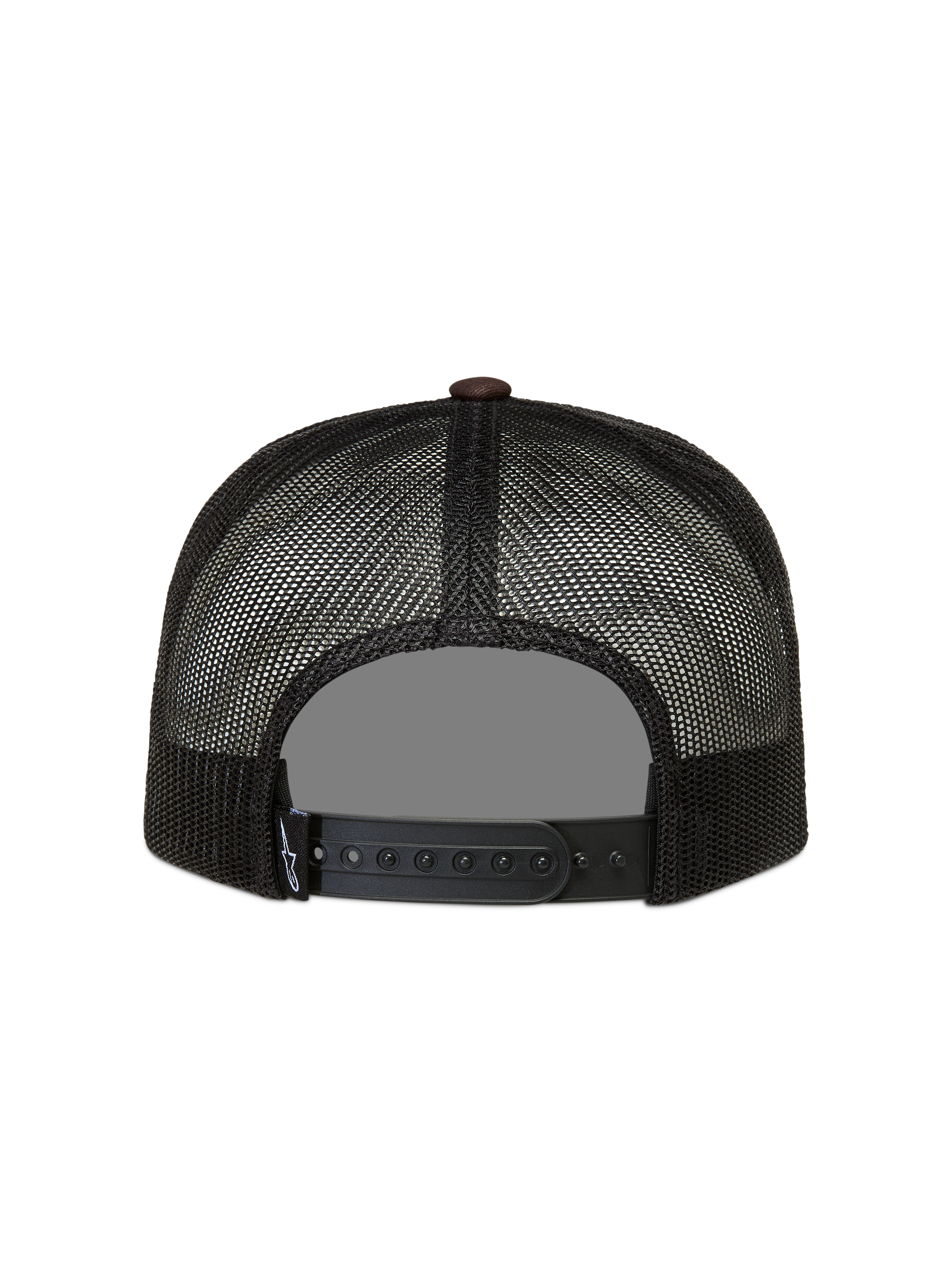 Alpinestars Hotlink Trucker-Mütze, Rückansicht einer schwarzen Sportswear-Kappe aus Mesh-Gewebe mit braunem Detail und verstellbarem Snapback-Verschluss.