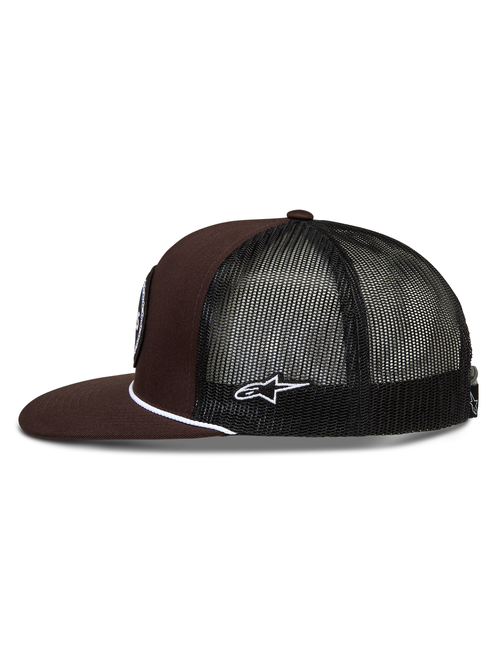 Alpinestars Hotlink Trucker-Mütze, braun-schwarze Sportswear-Kappe mit Mesh-Rückseite, flachem Schirm und weißer Kordel.