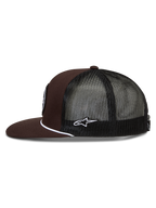 Alpinestars Hotlink Trucker-Mütze, braun-schwarze Sportswear-Kappe mit Mesh-Rückseite, flachem Schirm und weißer Kordel.