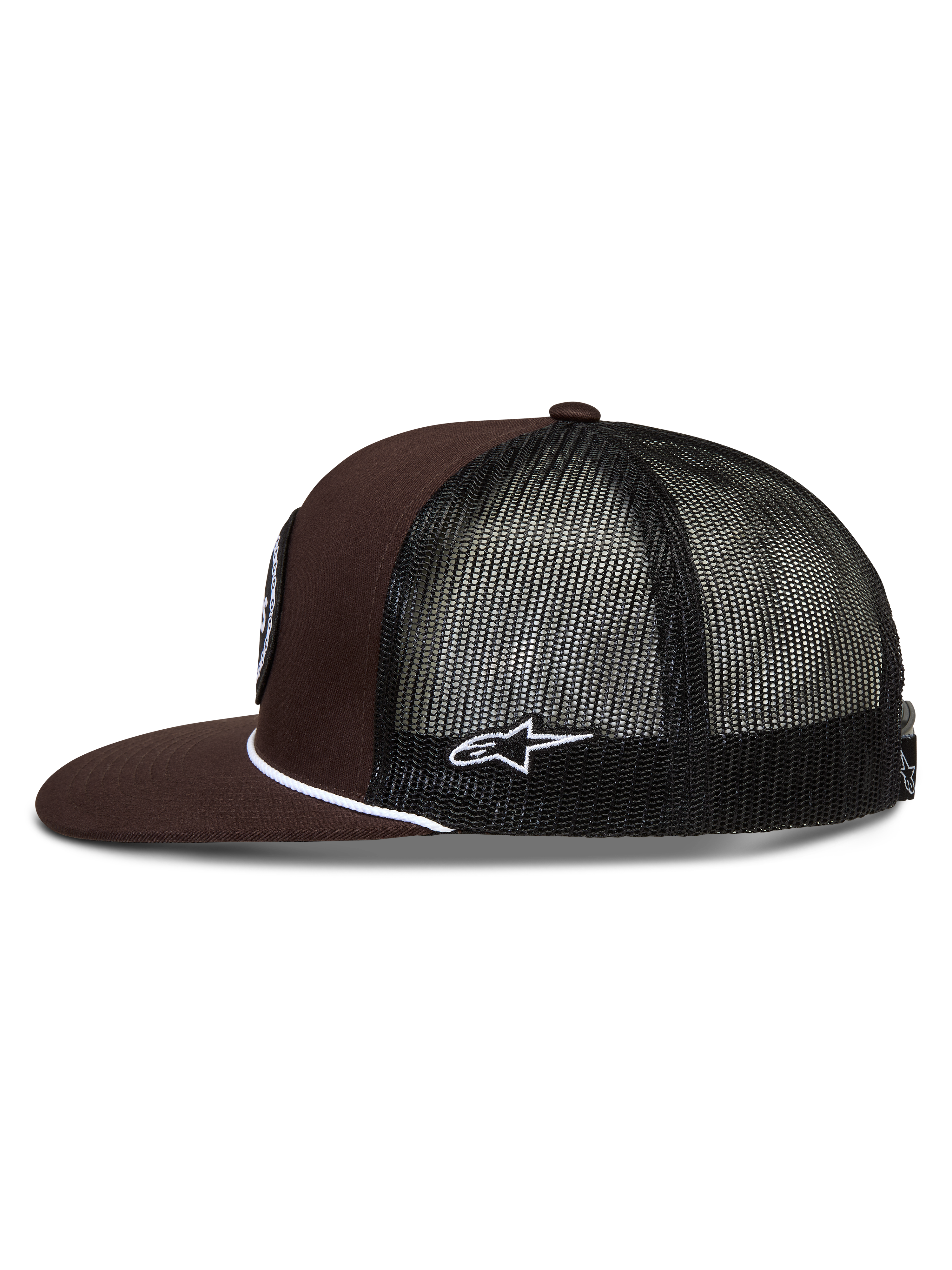 Alpinestars Hotlink Trucker-Mütze, braun-schwarze Sportswear-Kappe mit Mesh-Rückseite, flachem Schirm und weißer Kordel.