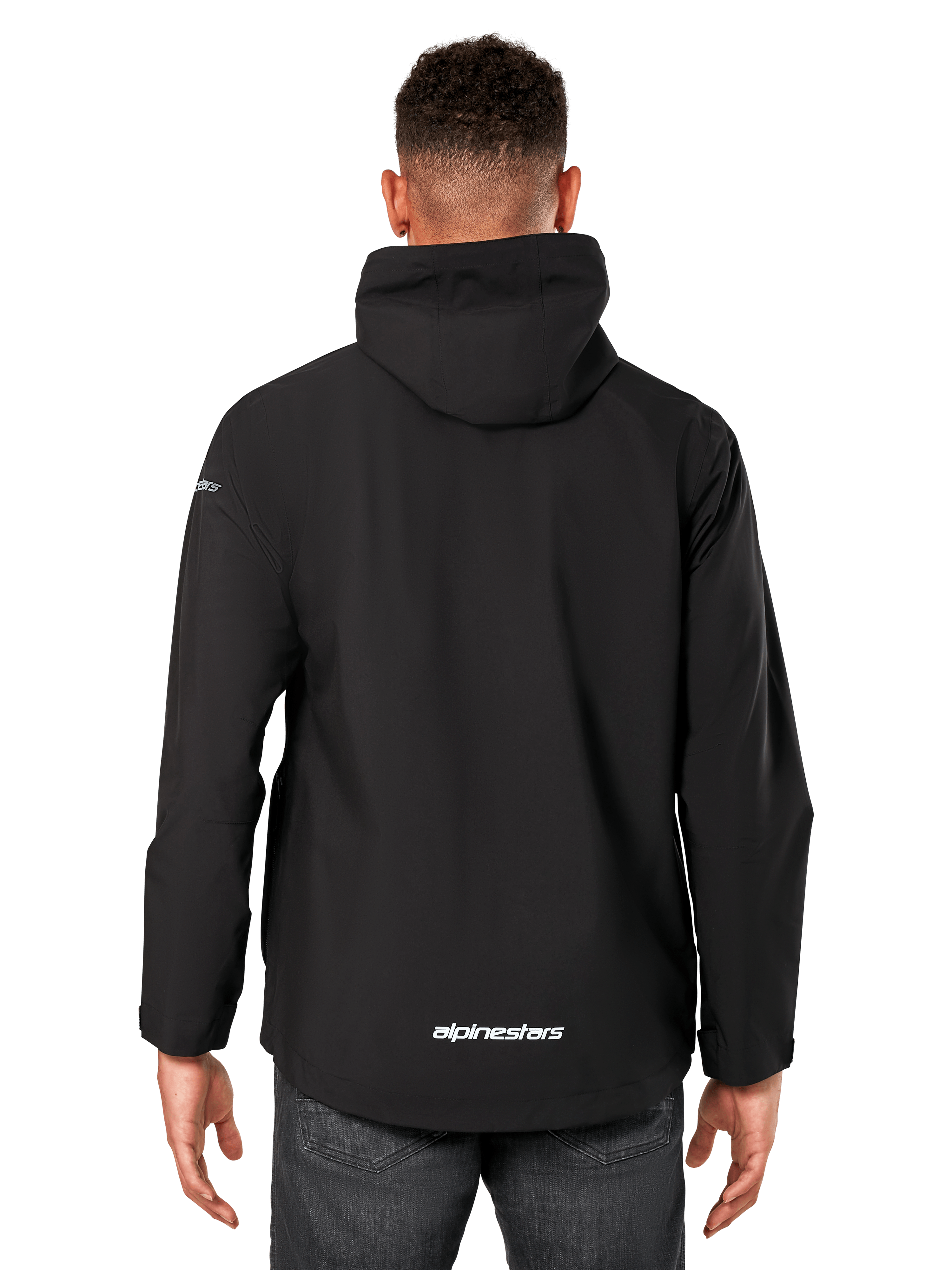 Alpinestars Kascade Regenjacke, Herren-Regenjacke, Schwarz, Rückansicht mit fester Kapuze und Alpinestars-Logo am unteren Rücken, lässige wasserdichte Sportbekleidung