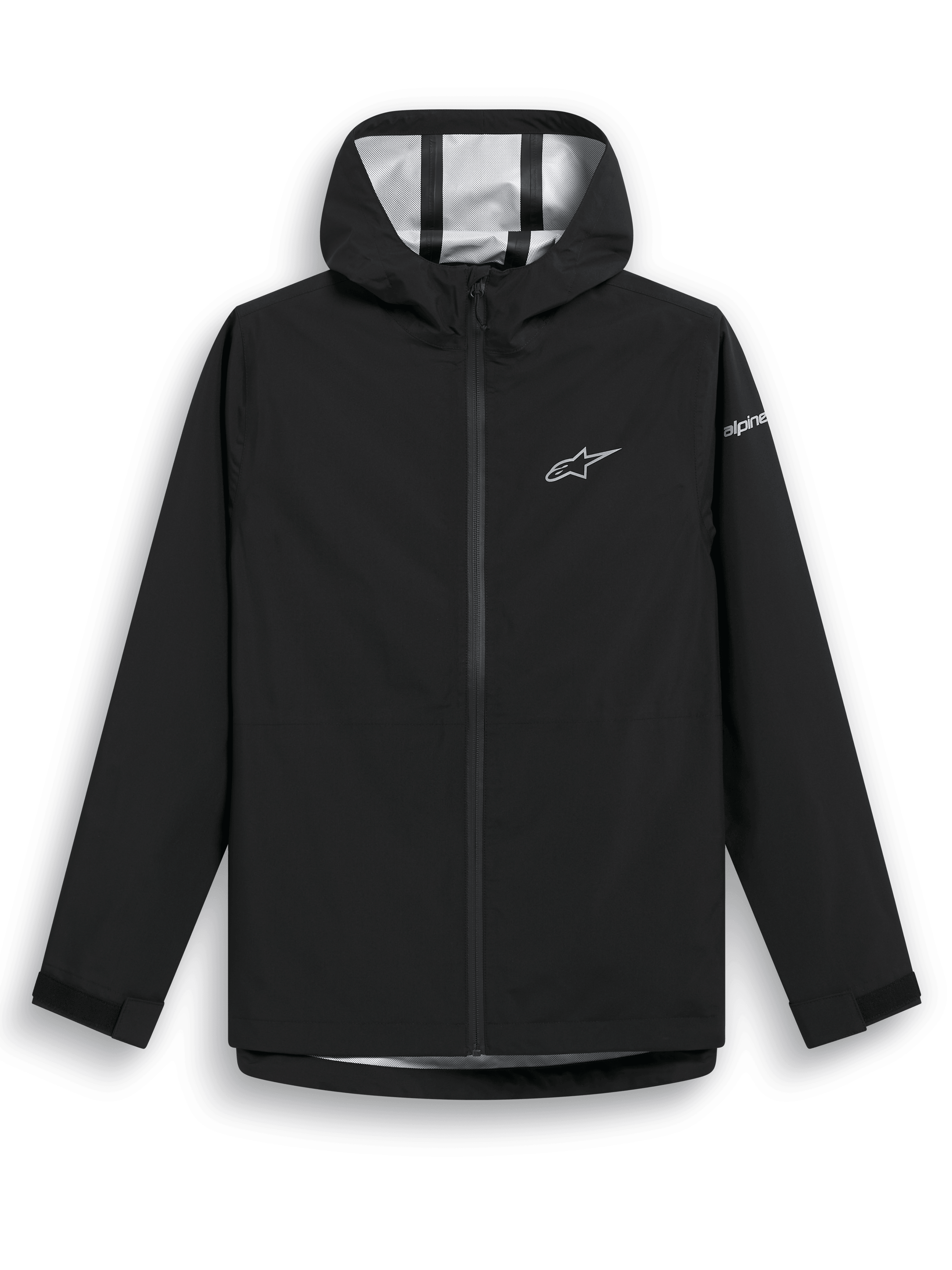 Alpinestars Kascade Regenjacke, schwarze Regenjacke, wasserabweisendes 2,5L-Gewebe mit versiegelten Nähten, feste Kapuze, beschichteter umgekehrter Spiralreißverschluss vorne, Klettverschlusslaschen an den Bündchen, weißes Alpinestars Stern-Logo auf der Brust und Branding am Ärmel, Freizeitkleidung für nasses Wetter