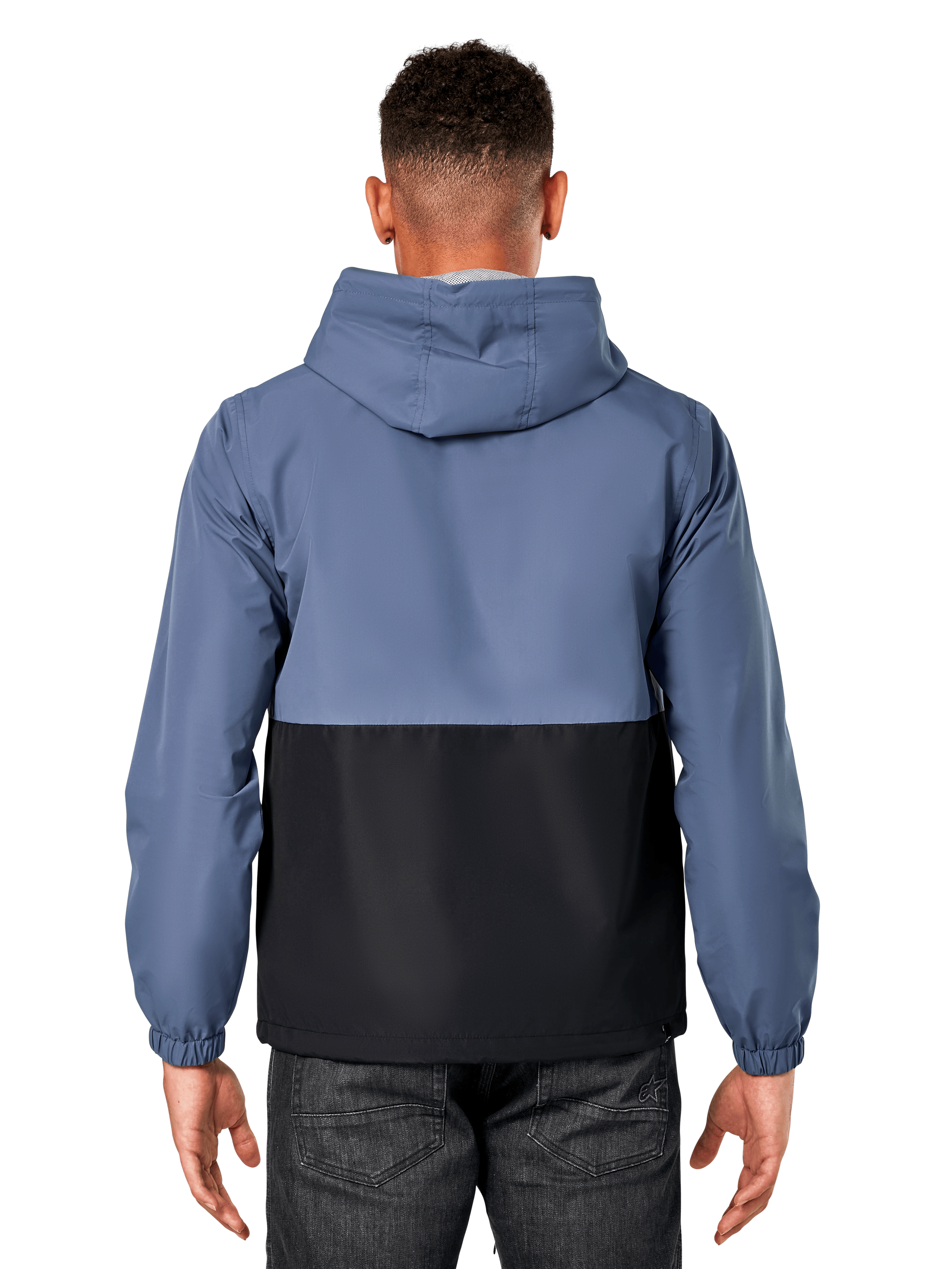 Alpinestars Speeder Windbreaker Jacke, Rückansicht eines Mannes in einer zweifarbigen schieferblauen und schwarzen Jacke, Color-Block-Design, mit Kapuze, leichte legere Sportbekleidung mit elastischen Bündchen