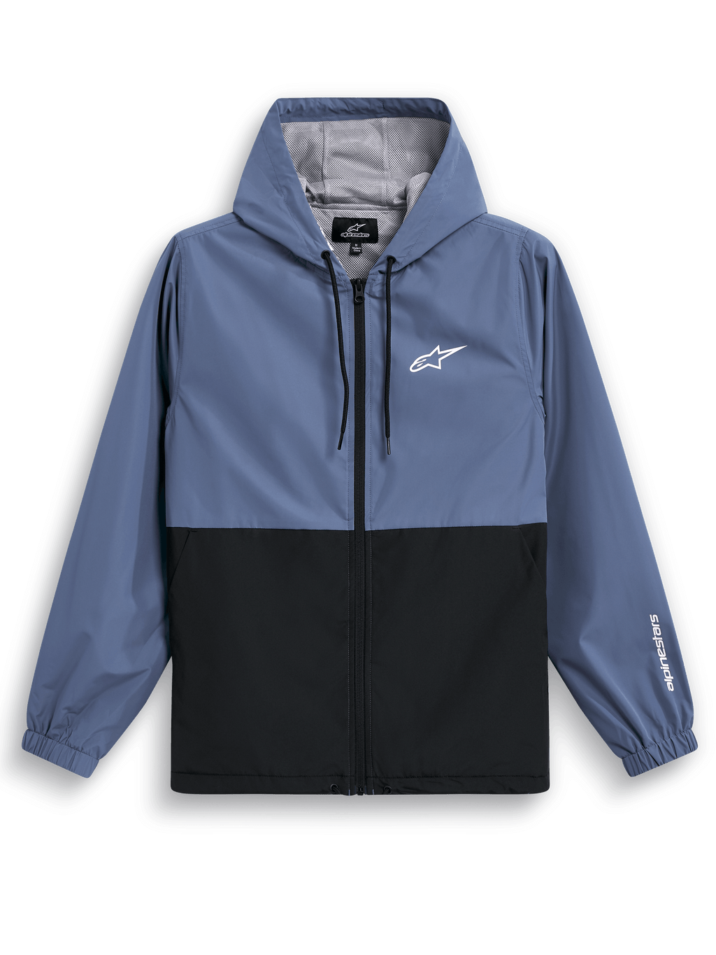 Alpinestars Speeder Windbreaker Jacke, leichte Windjacke mit Kapuze, Schieferblau und Schwarz, zweifarbiges Blockdesign mit weißem Logo auf der Brust und Branding am Ärmel, Mesh-Futter und verstellbare Kapuze mit Kordelzug
