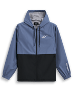 Alpinestars Speeder Windbreaker Jacke, leichte Windjacke mit Kapuze, Schieferblau und Schwarz, zweifarbiges Blockdesign mit weißem Logo auf der Brust und Branding am Ärmel, Mesh-Futter und verstellbare Kapuze mit Kordelzug