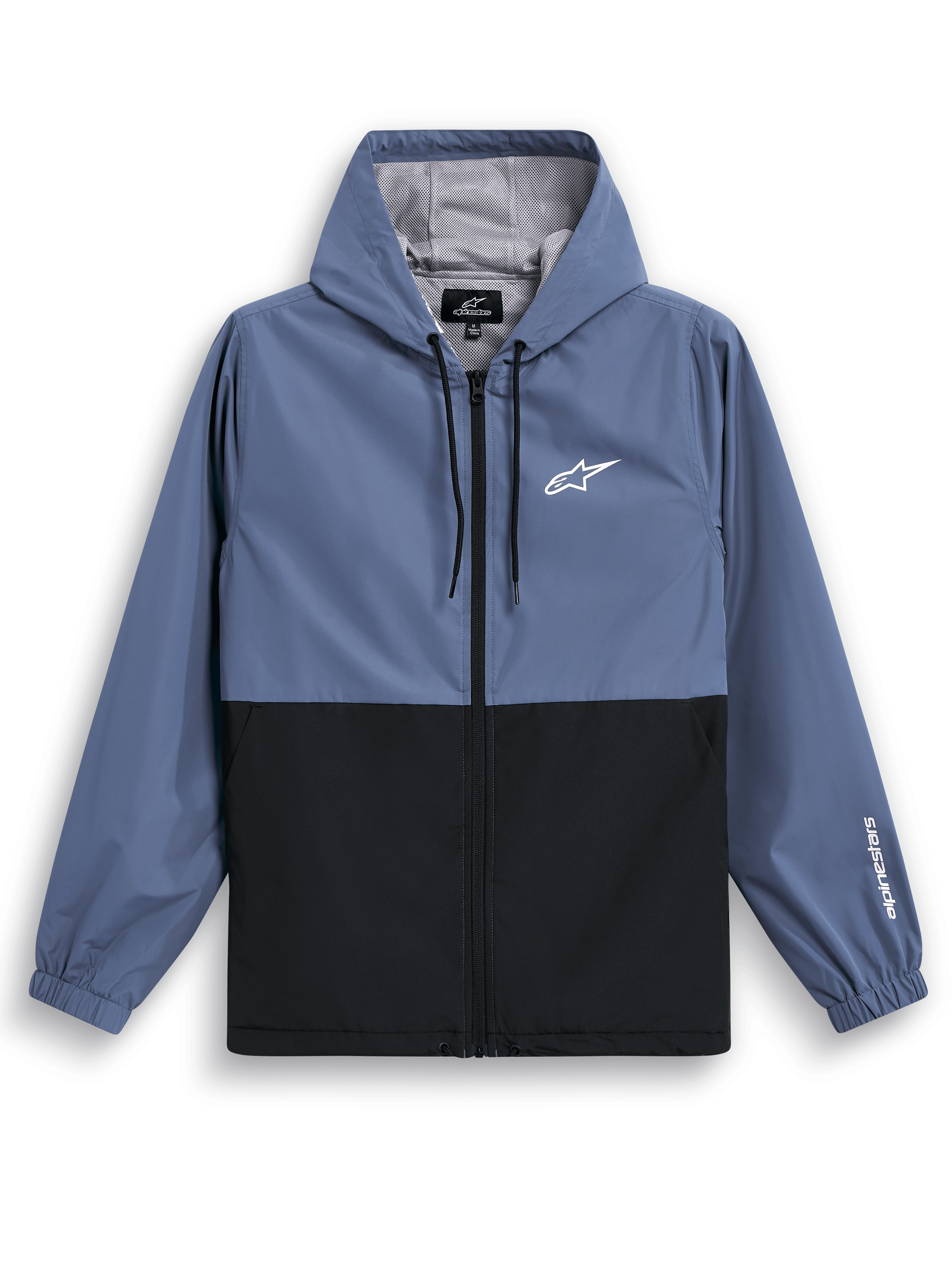 Alpinestars Speeder Windbreaker Jacke, leichte Windjacke mit Kapuze, Schieferblau und Schwarz, zweifarbiges Blockdesign mit weißem Logo auf der Brust und Branding am Ärmel, Mesh-Futter und verstellbare Kapuze mit Kordelzug