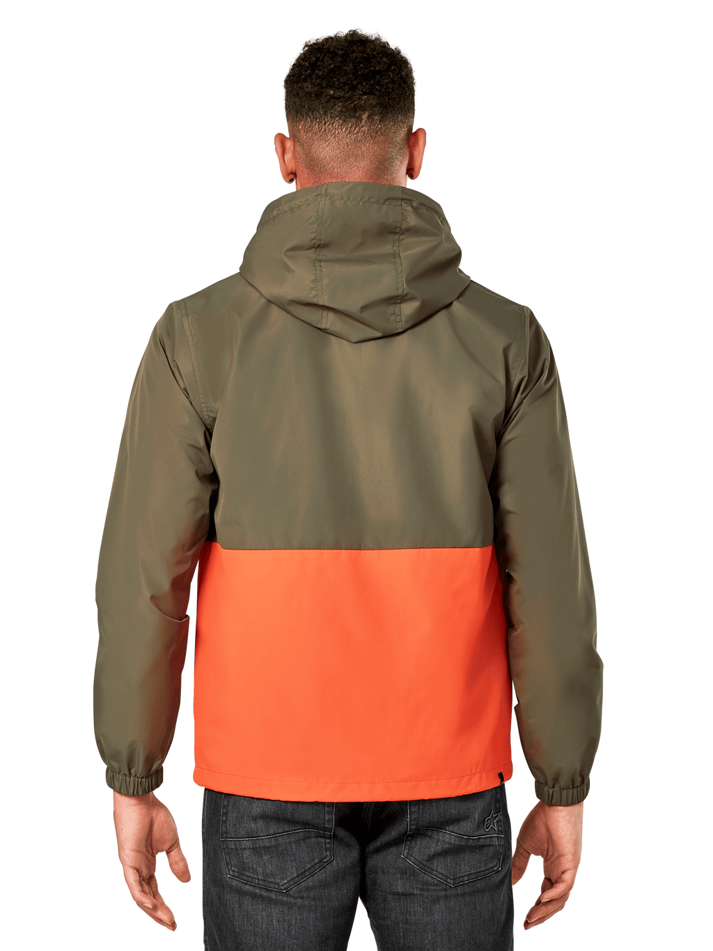 Alpinestars Speeder Windbreaker Jacket, lightweight hooded windbreaker, Military Green and Orange color-blocked design, back view showing hood and elastic cuffs, casual sportswear style