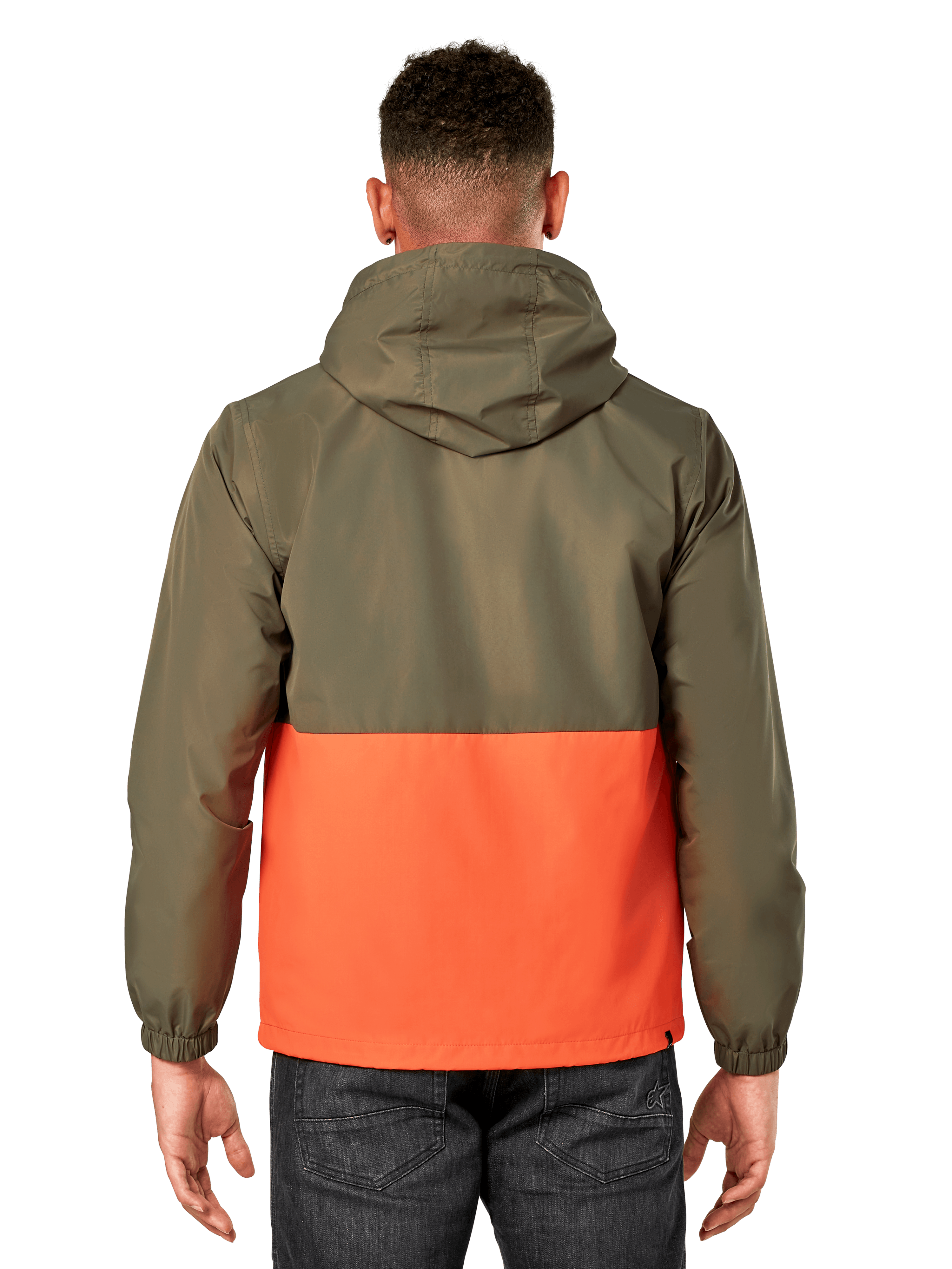Alpinestars Speeder Windbreaker Jacket, lightweight hooded windbreaker, Military Green and Orange color-blocked design, back view showing hood and elastic cuffs, casual sportswear style